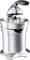 Silver-coloured citrus press with lever arm and drip-stop spout. Designed for energy-efficient juicing of citrus fruits.