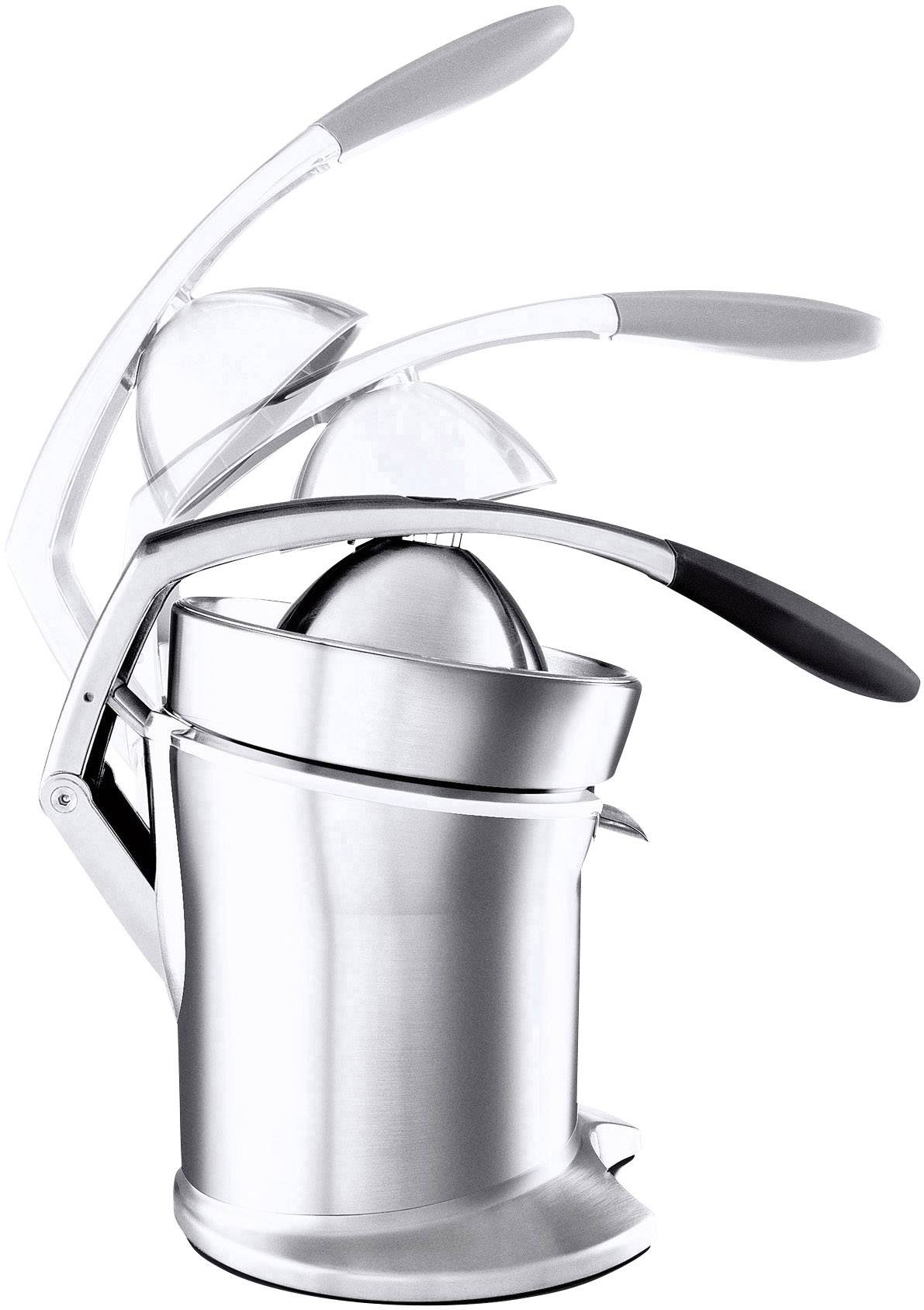 Silver lever citrus press with a black handle, showing various lever positions for extracting juice from citrus fruits.