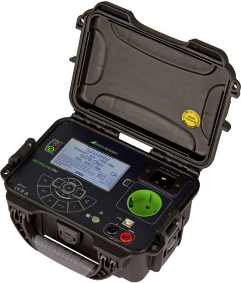 Electronic measuring device with open lid; contains screen with digital display and controls, green plug insert.