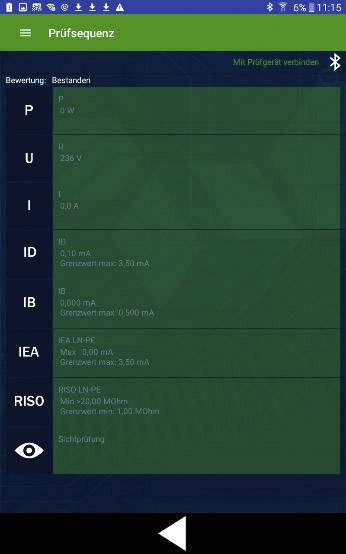 'Test sequence' shows test results: P (0W), U (236V), ID (0.16mA), IB (0.3mA), IEA, RISO. Assessment: Passed. Connection with test set not active.