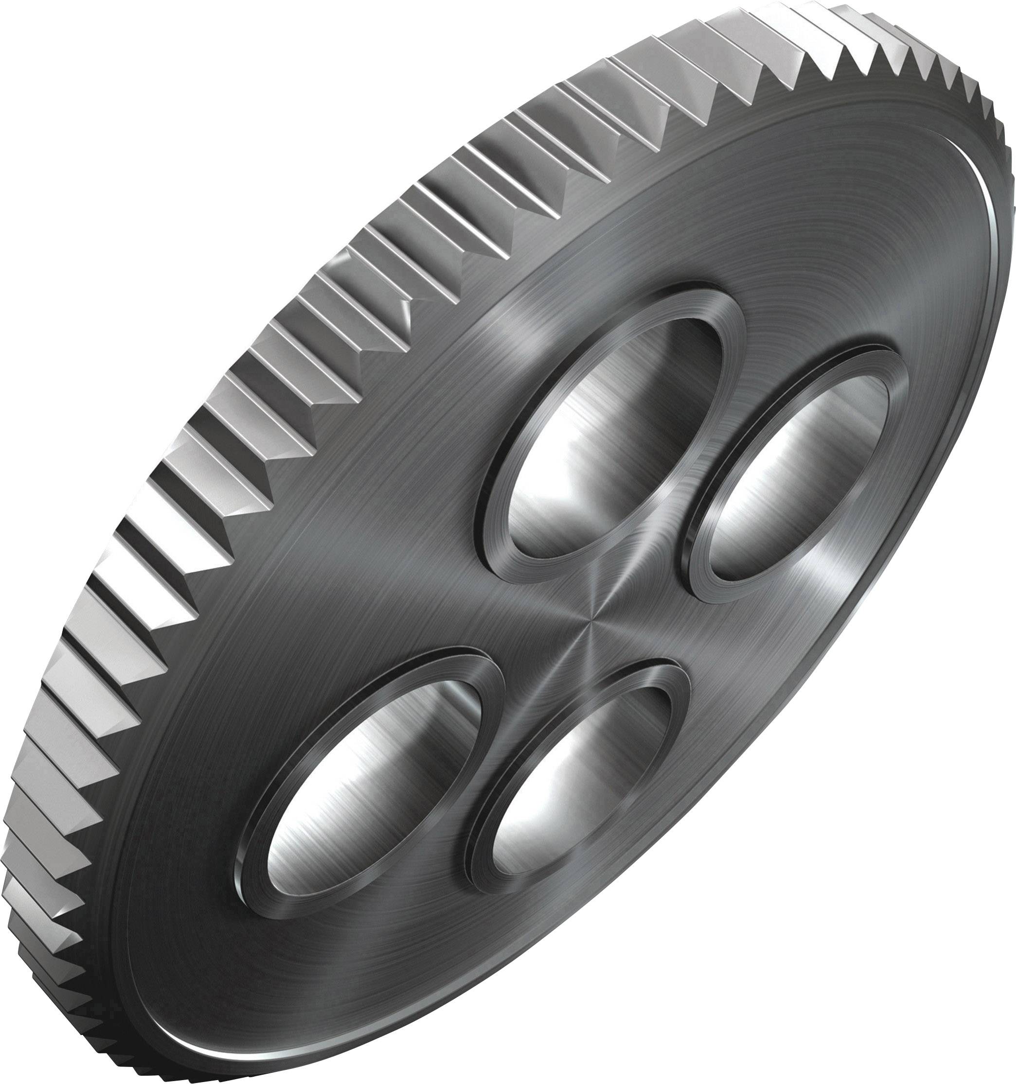 Metal disc with a serrated edge and four oval openings in the centre, potentially a component of a mechanical part.