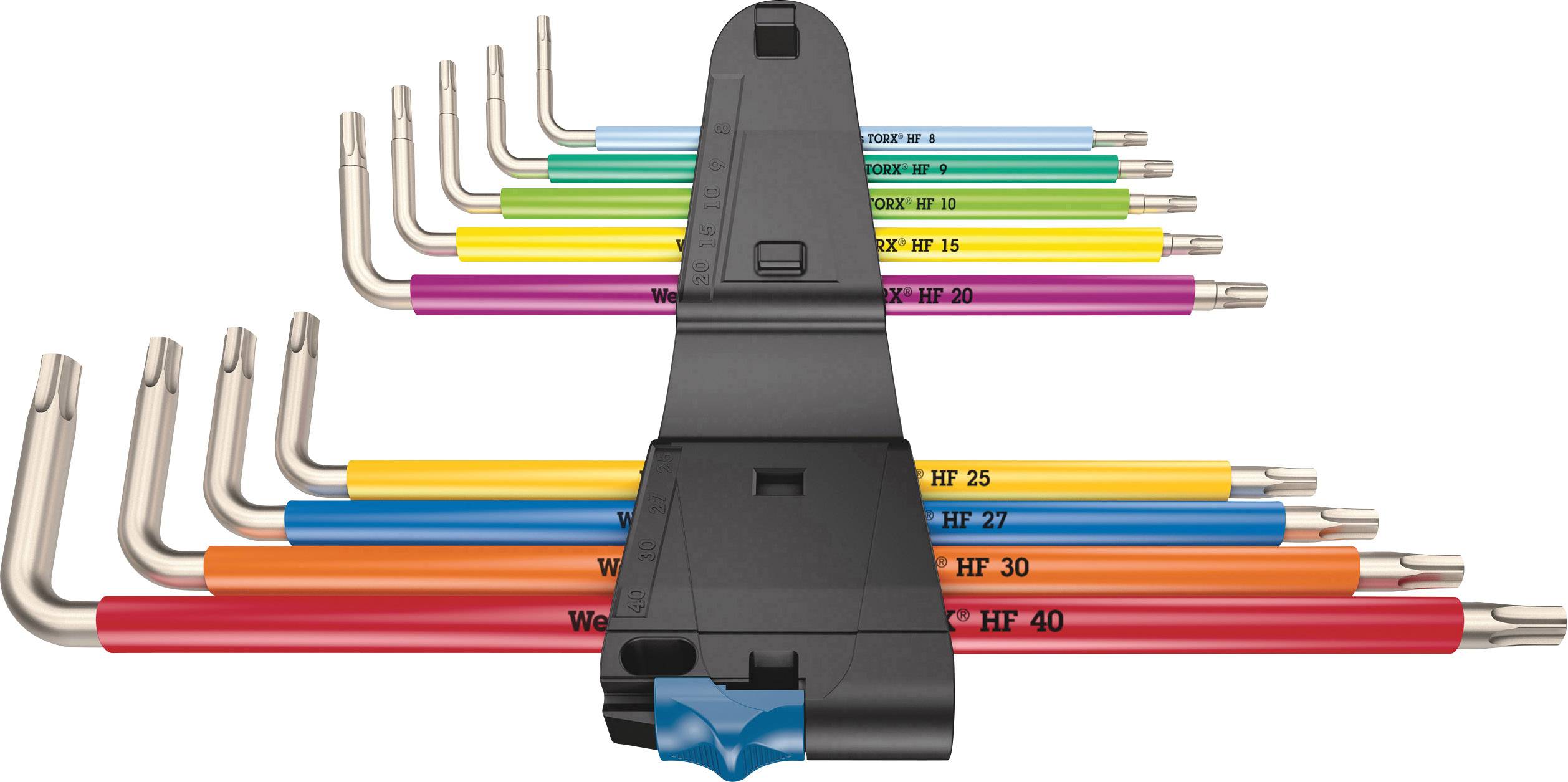 A set of colour-coded Allen keys of different sizes in a holder, displayed in rainbow spectrum colours.
