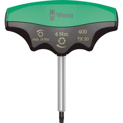 Torque wrench with T-handle, green and black, marked with '4 Nm', '400', 'TX 20', maximum 18 Nm. Suitable for controlled screwing.