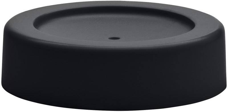 Black, round lid with a slightly raised edge and a small hole in the centre.