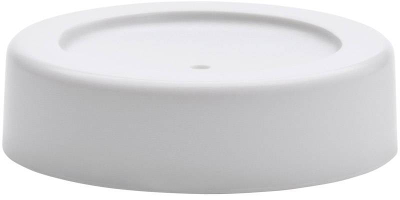 Round, white plastic lid, flat with slightly raised edge, suitable for containers.