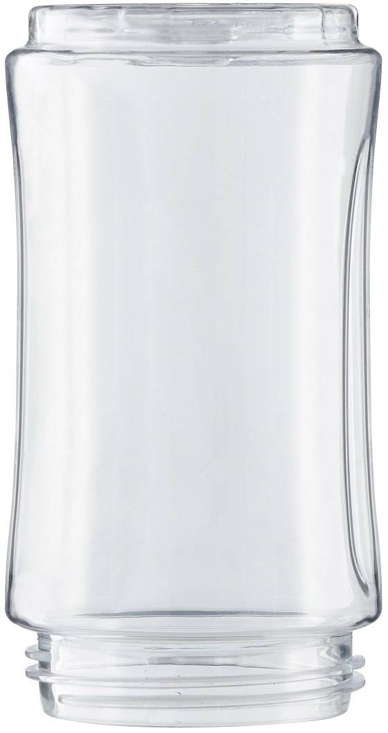 An empty, transparent glass jar with a screw lid.