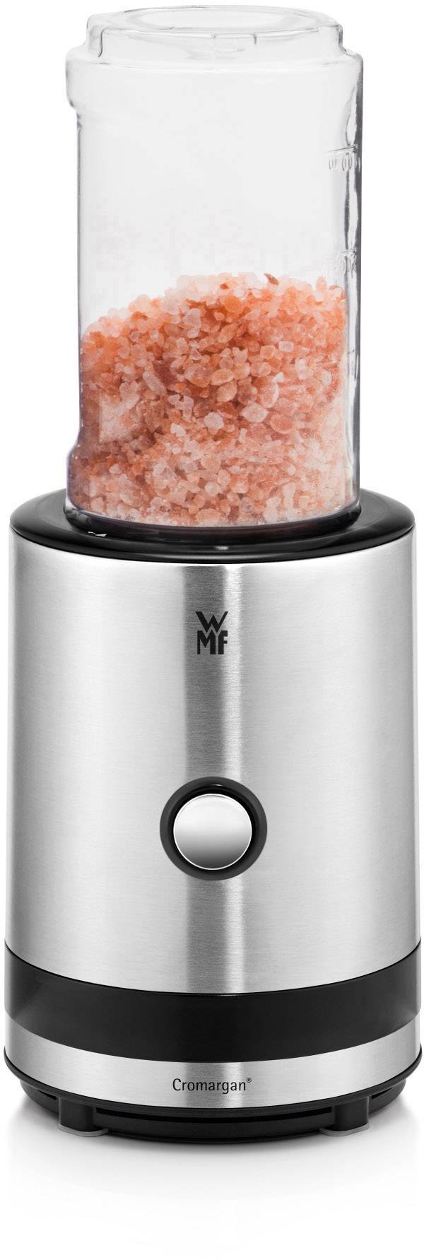 A silver electric salt and pepper mill with a transparent container, filled with pink salt, on a white background.