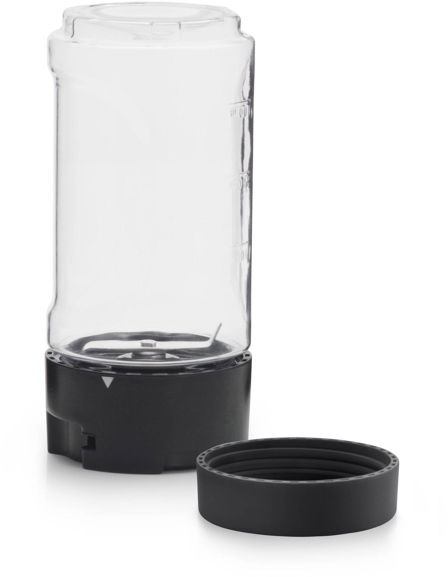 Transparent plastic bottle with a black lid beside it. The bottle is standing upright; the lid is removed.