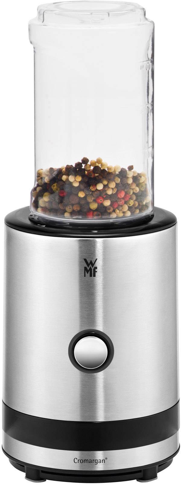 Stainless steel electric pepper mill with a transparent container, filled with colourful peppercorns.