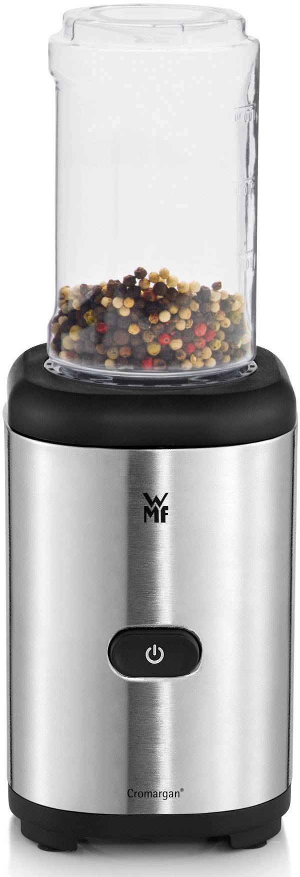 A silver spice grinder with a transparent container, filled with colourful peppercorns. On the front is an on/off switch.