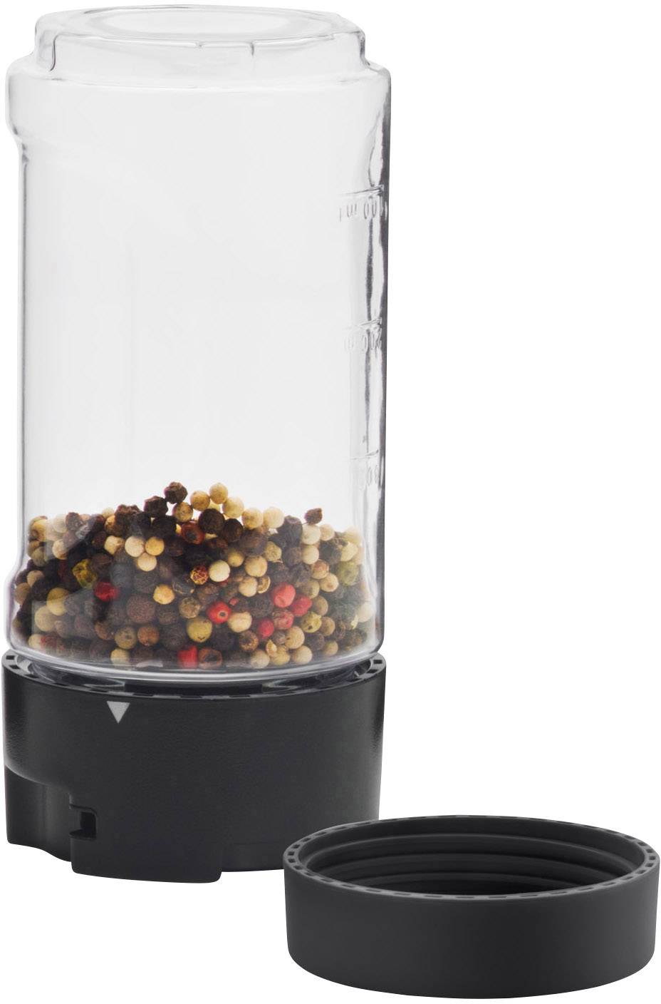 A clear container filled with mixed peppercorns sits on a black base. The lid is placed beside it.