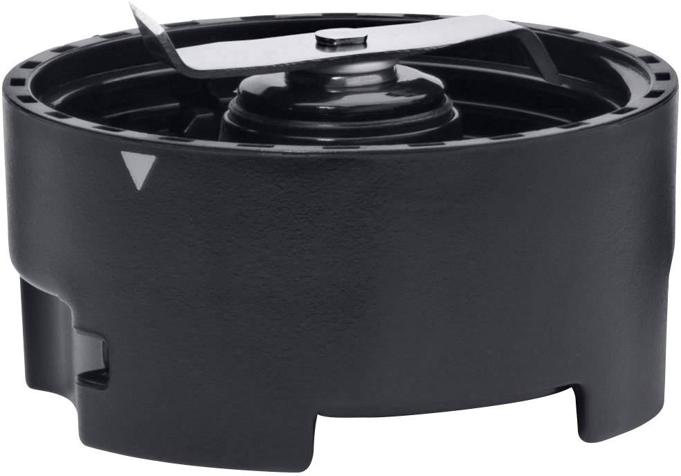 Black and grey blender attachment with a sharp blade, positioned horizontally.