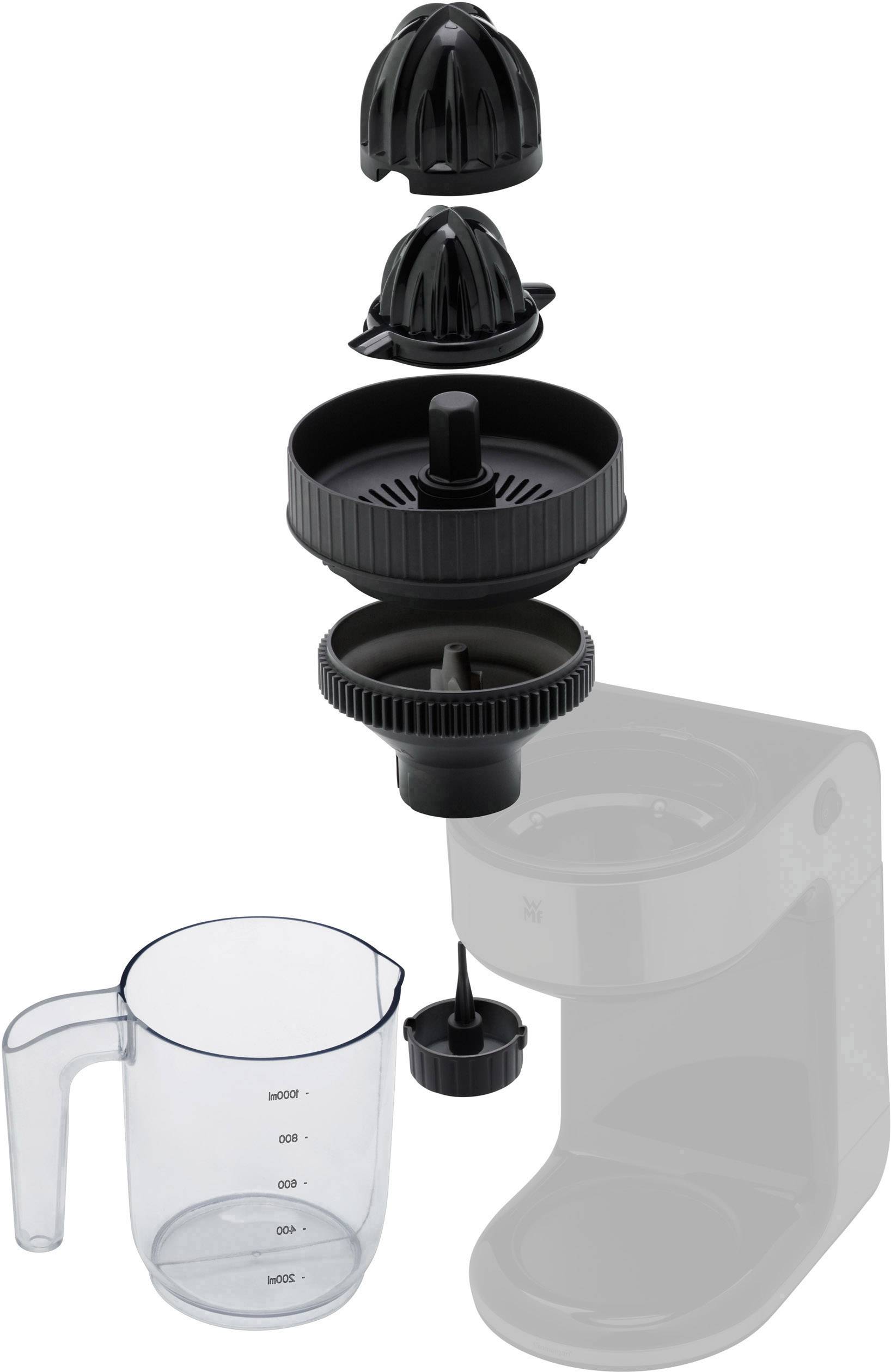 Dismantled citrus press with individual components: two juice cones, filter sieve, collecting container with measuring scale, removable parts for cleaning.