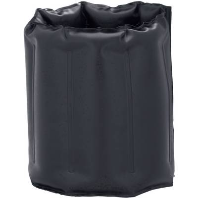 Black, crumplable rubber bag. It has a rectangular shape and smooth surface, could be used as a cover or for storage.