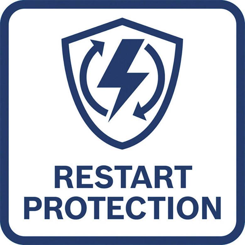 A blue sign with a lightning symbol within a protective shield and the inscription 'Restart Protection'. Indicates restart protection.