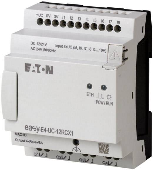 The image depicts an Eaton PLC control system 'easyE4-UC-12RCX1', featuring inputs, outputs, and status LEDs, designed for industrial applications.