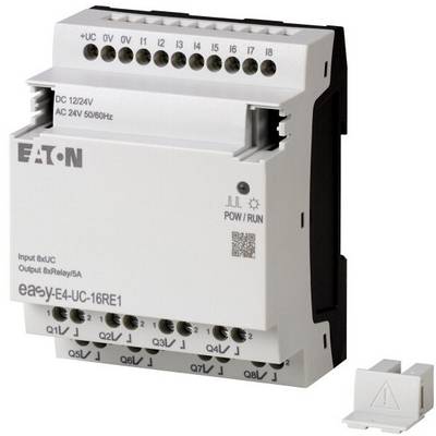Electrical control unit 'Eaton easyE4-UC-16RE1' with 8 inputs and outputs, for use in industrial automation systems.