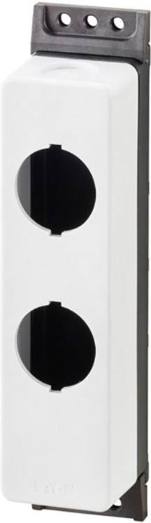White socket with two black plug sockets, vertically aligned. Mounted on a thin, dark metal plate.
