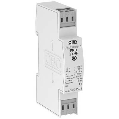 An OBO surge protection device with the inscription 'Lightning Barrier FRD 24HF', specified for 28 V with protective functions.