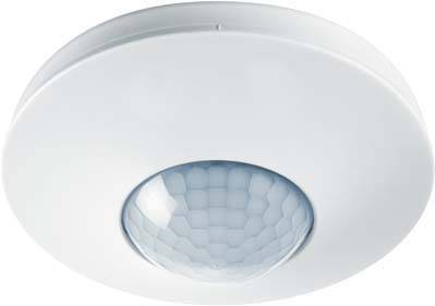 A white round ceiling motion sensor with a central dome-shaped lens, for detecting movement and activating lighting.