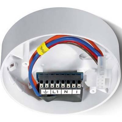 Round white electrical connection component with coloured wires and marked terminals 'L', 'N' and 'I'.