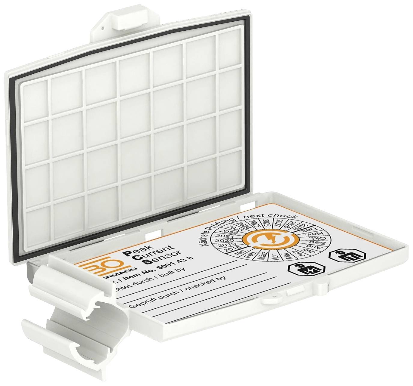 White, foldable plastic box with labelling and symbols on the inner side. Primarily used for technical applications.
