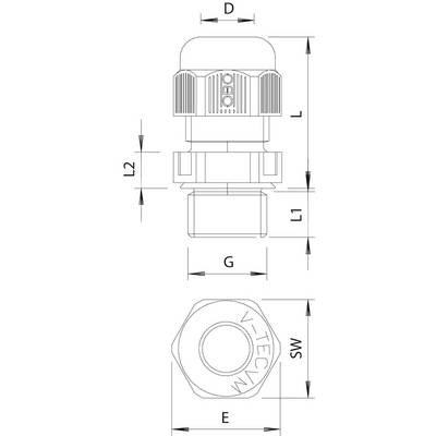 Technical drawing of a cable gland system with dimensions for lengths, diameters, and thread sizes, side and top views.