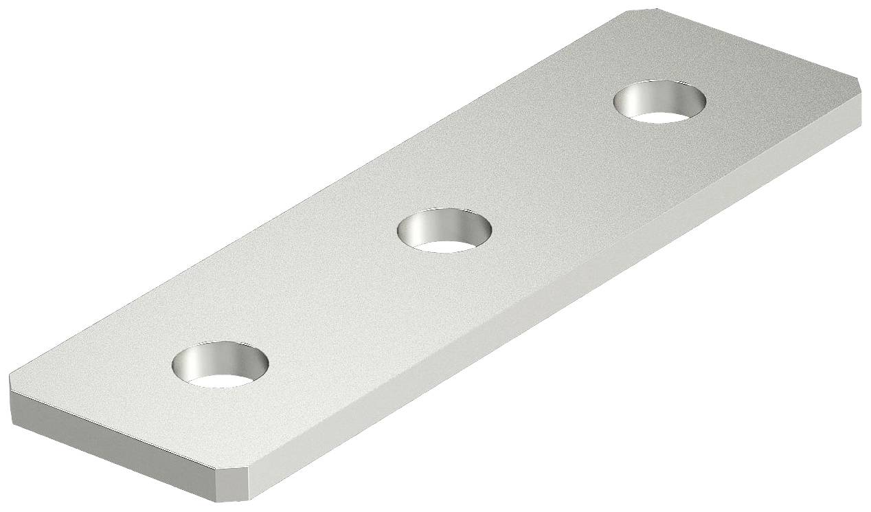 Metal plate with three evenly distributed holes in a straight line. Used as a connecting element in building construction.