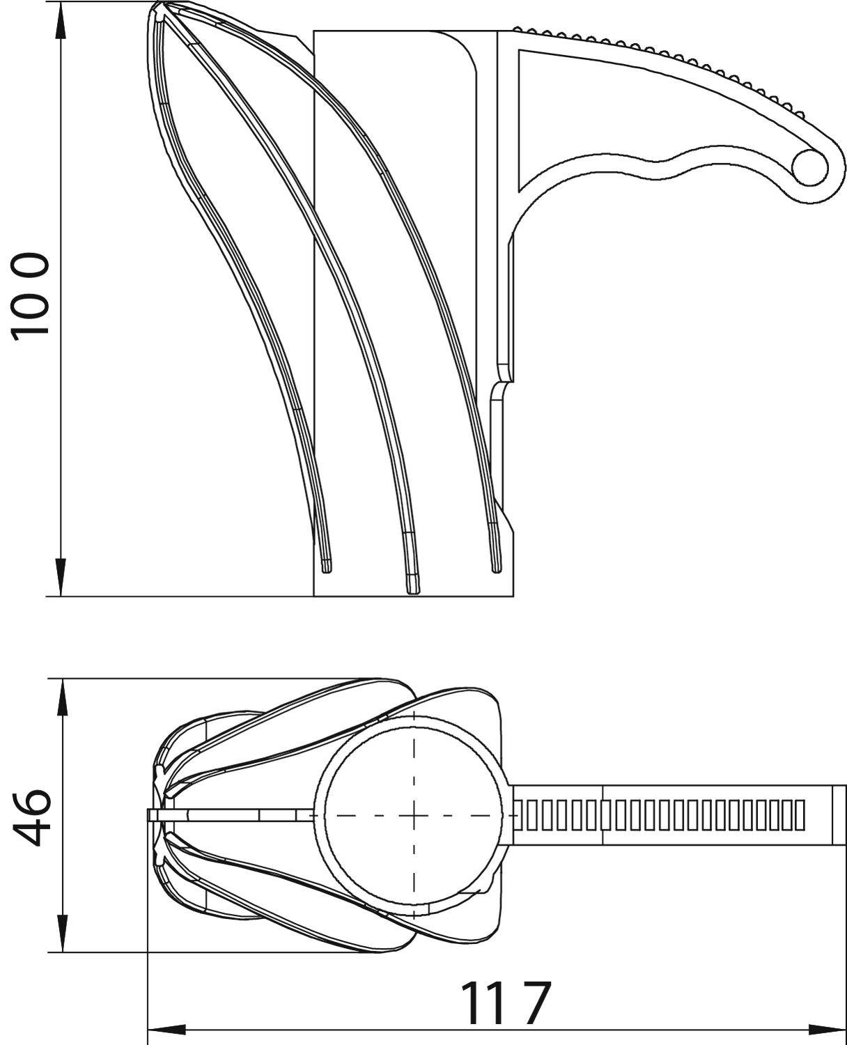 Technical drawing of a tool with a handle and hook-shaped tip, side and top view with dimensions in millimetres: 100 and 46 height, 117 length.