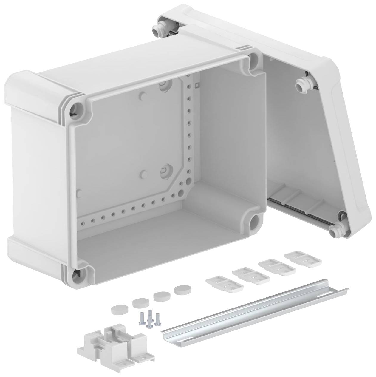 Electrical connection box with the lid removed, revealing the interior, and accompanying accessories, including screws and mounting brackets.
