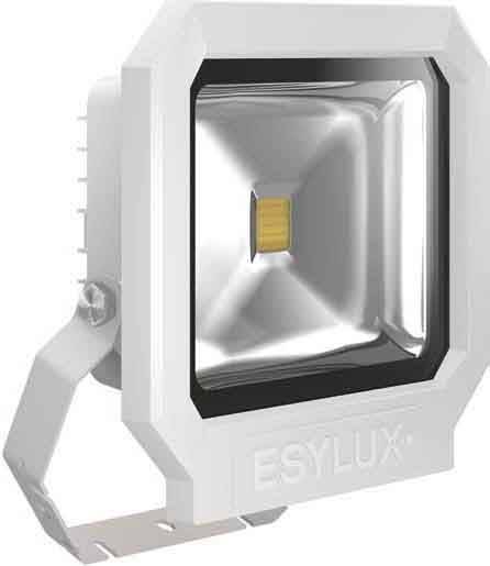 A rectangular LED floodlight with a white housing and wall mounting bracket, suitable for outdoor areas to illuminate surfaces.