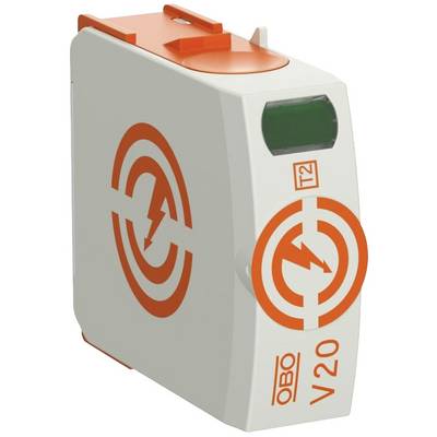 A surge protection device with an orange lightning symbol and the inscription 'OBO V20'. Designed for lightning protection in electrical installations.
