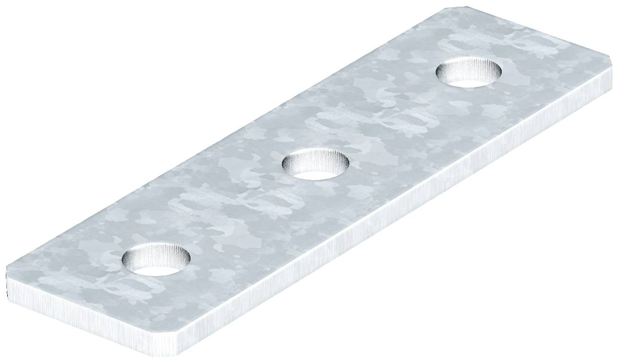 Metal plate with three evenly distributed holes, rectangular in shape, used for fastening or connecting structures.