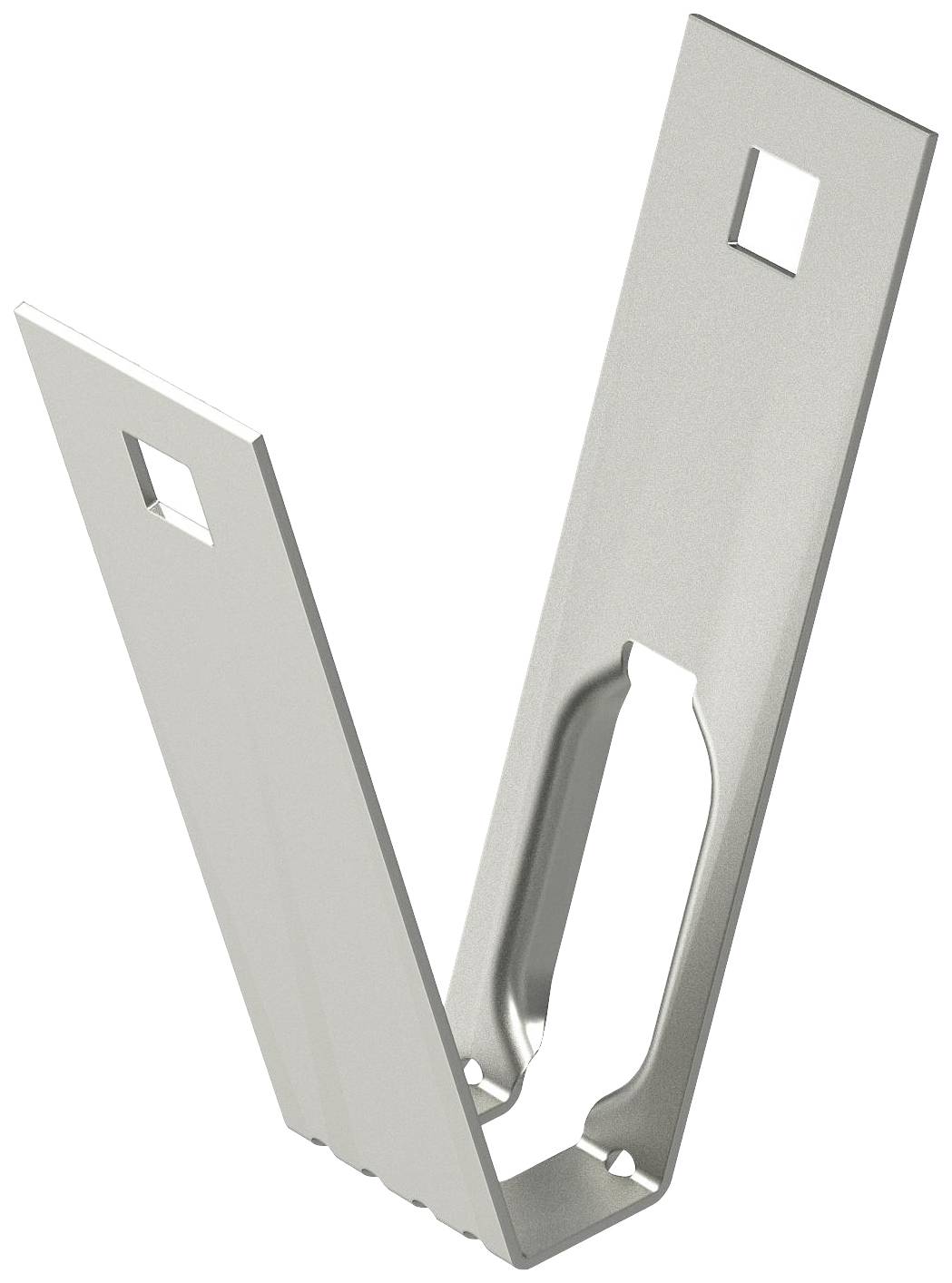 V-shaped metal bracket with rectangular cut-outs at the top. Used for securing or supporting materials.