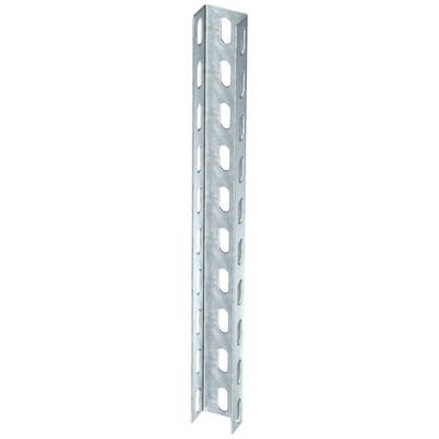 Galvanised metal profile with uniform perforations, used for shelving and construction purposes.