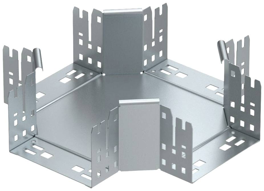 Five-sided, grey metal piece with raised tabs at the edges, most likely for cable mounting or routing.