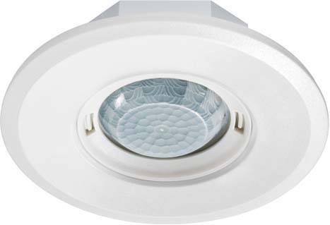 Ceiling-mounted round motion sensor with a central blue detector, integrated into a white mounting bracket.