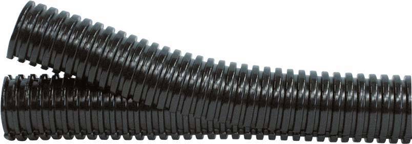 Black, flexible corrugated conduit with a curved section, suitable for protecting and guiding electrical cables.