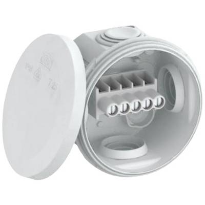A grey round junction box with an open lid and internal connection terminals. It is used for electrical wiring and connections.