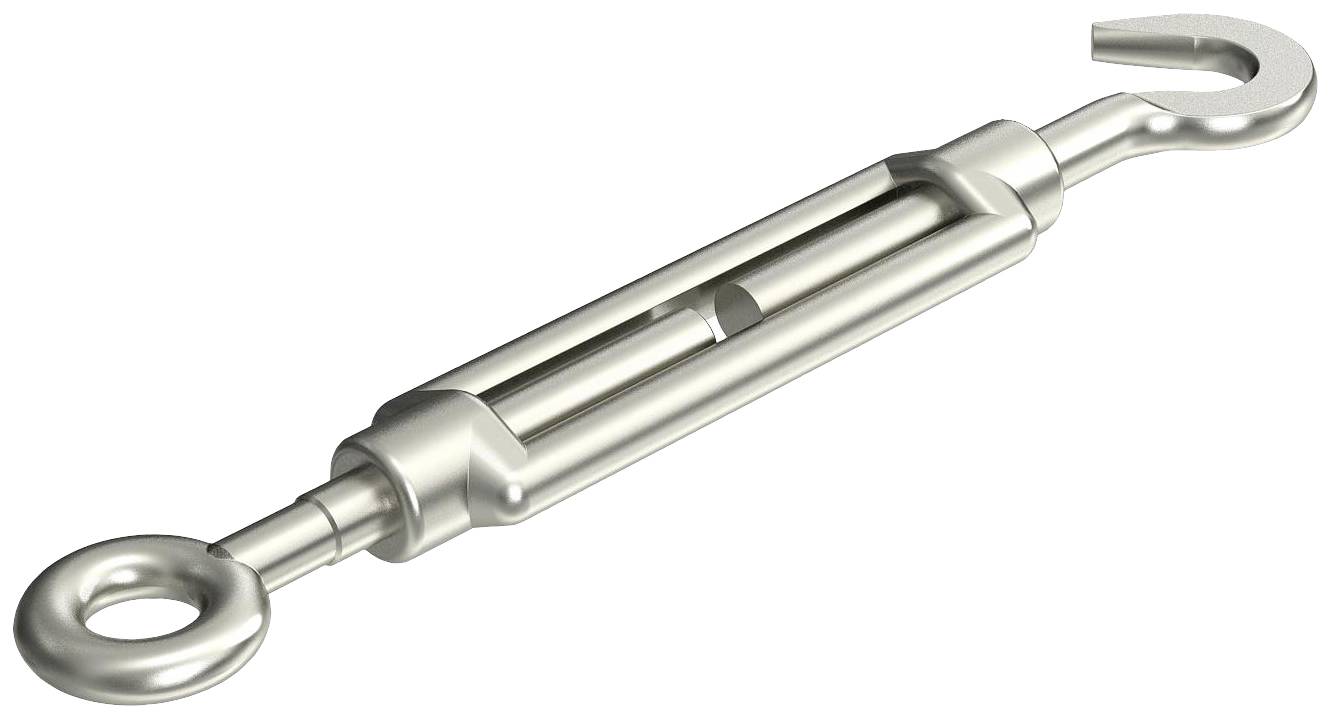 'Metal tension screw with a hook at one end and an eyelet ring at the other, used for tightening wires or cables.'