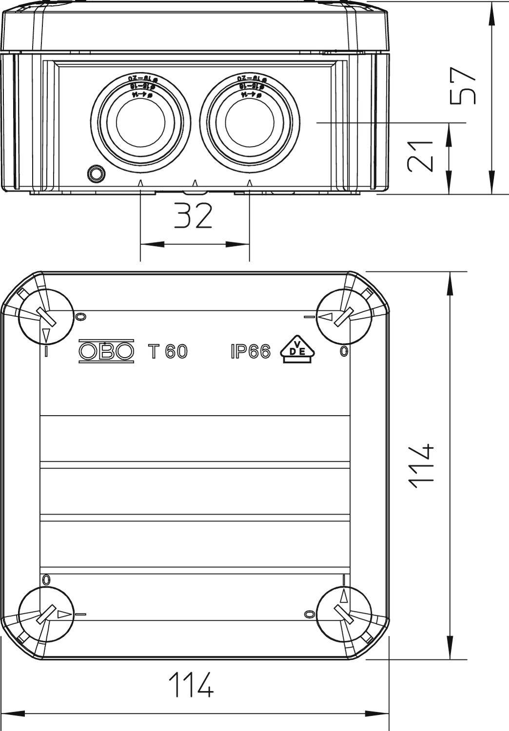 Technical drawing of a rectangular enclosure measuring 114 x 114 x 57 mm, with IP66 and T60 marked on it.