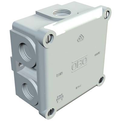 A rectangular, metallic distribution box with multiple lateral connection openings and the 'OBO' imprint.