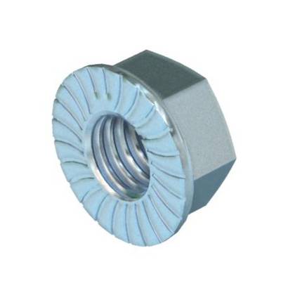 Hexagon nut with knurling and integrated flange in silver and blue. Suitable for high-strength fastenings.
