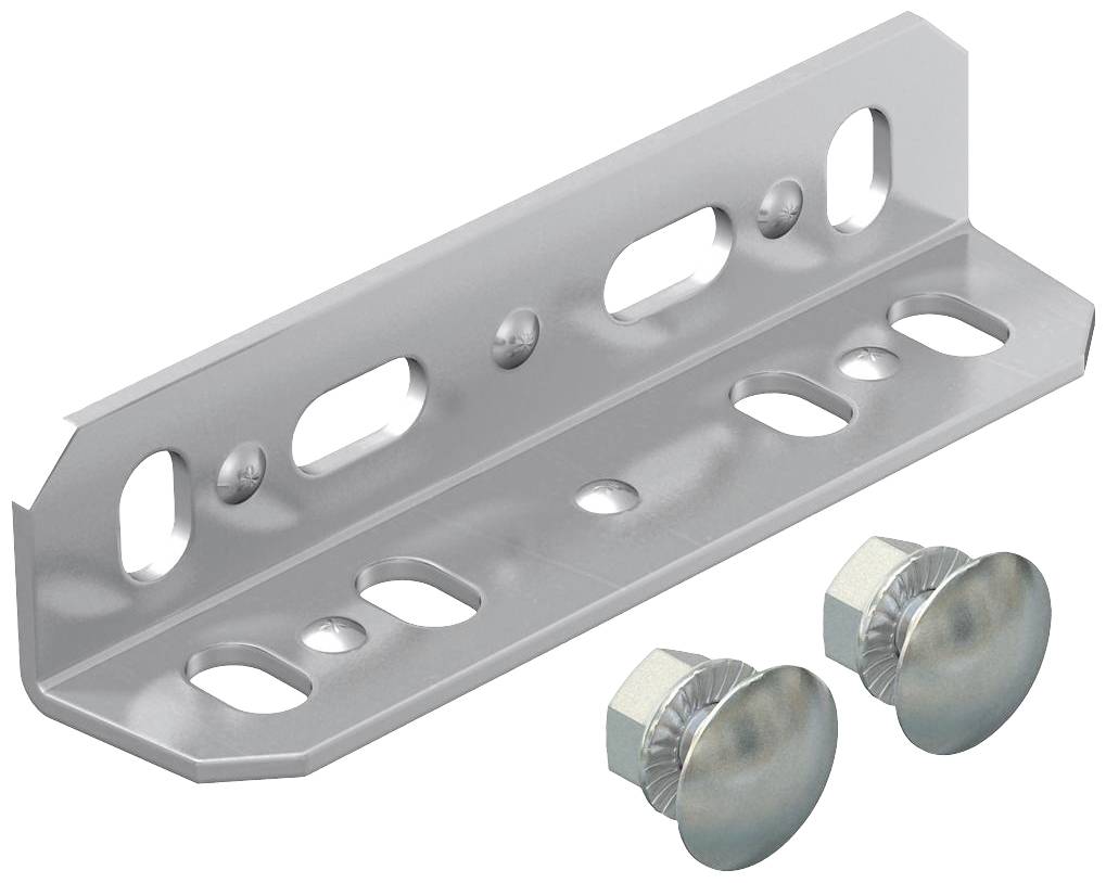 Metal angle bracket with rounded corners and multiple holes, accompanied by two broad-headed screws. Used for wall mounting.