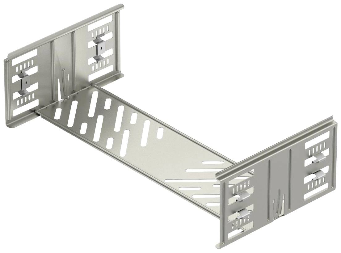 Metal carriers with slots and perforated side walls, potentially for cable management or construction applications.
