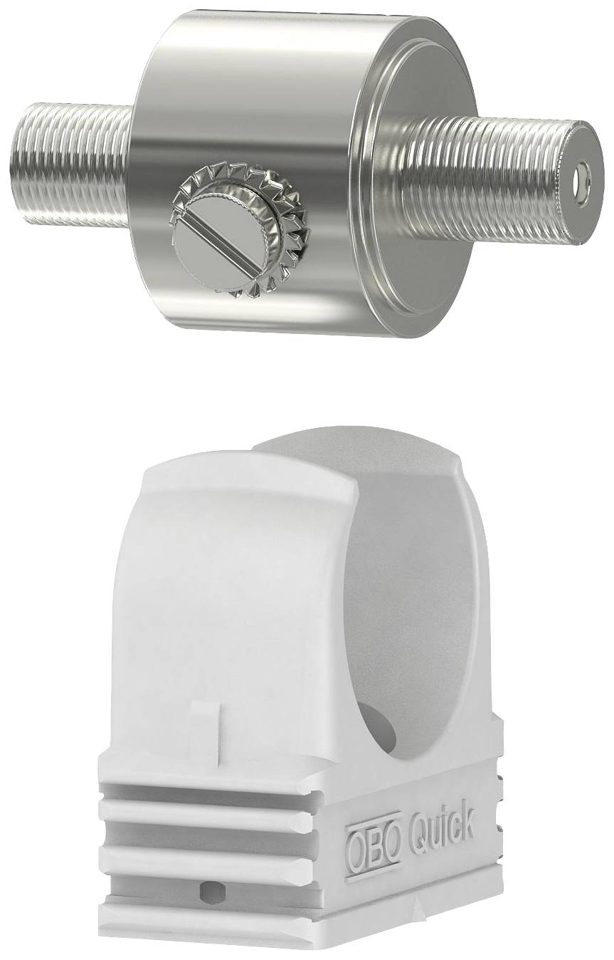 Two components: a metallic slotted screw with a tool application at the top and a white holder with 'OBO Quick' marking at the bottom.