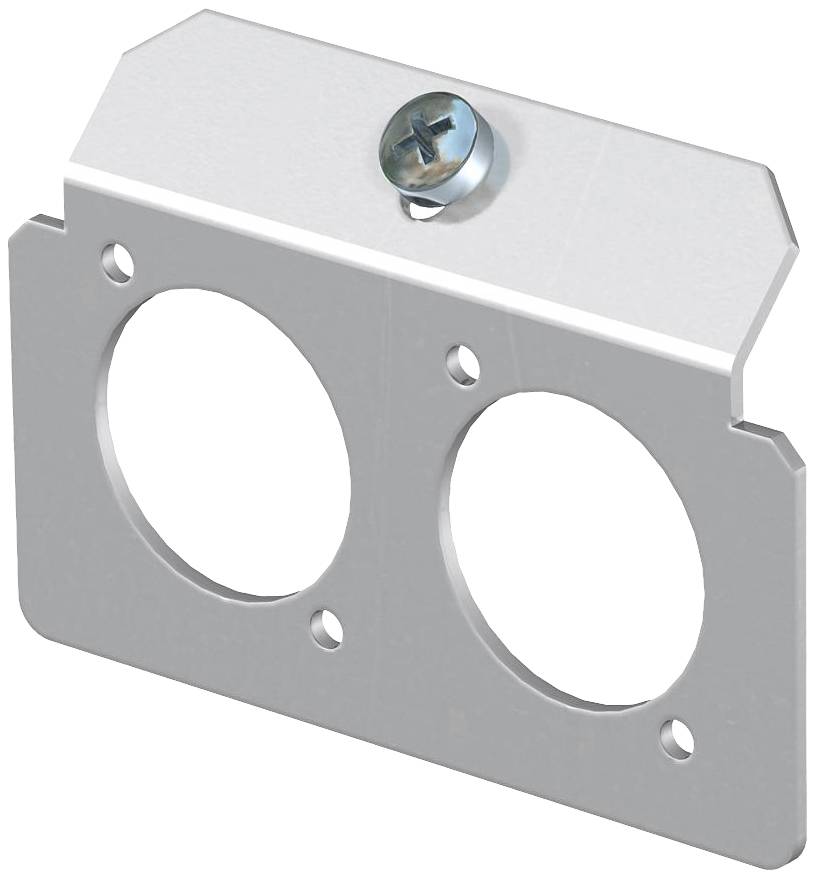 Metal stencil with two circular cut-outs and a secured screw lid on top. Used for mounting or fastening.