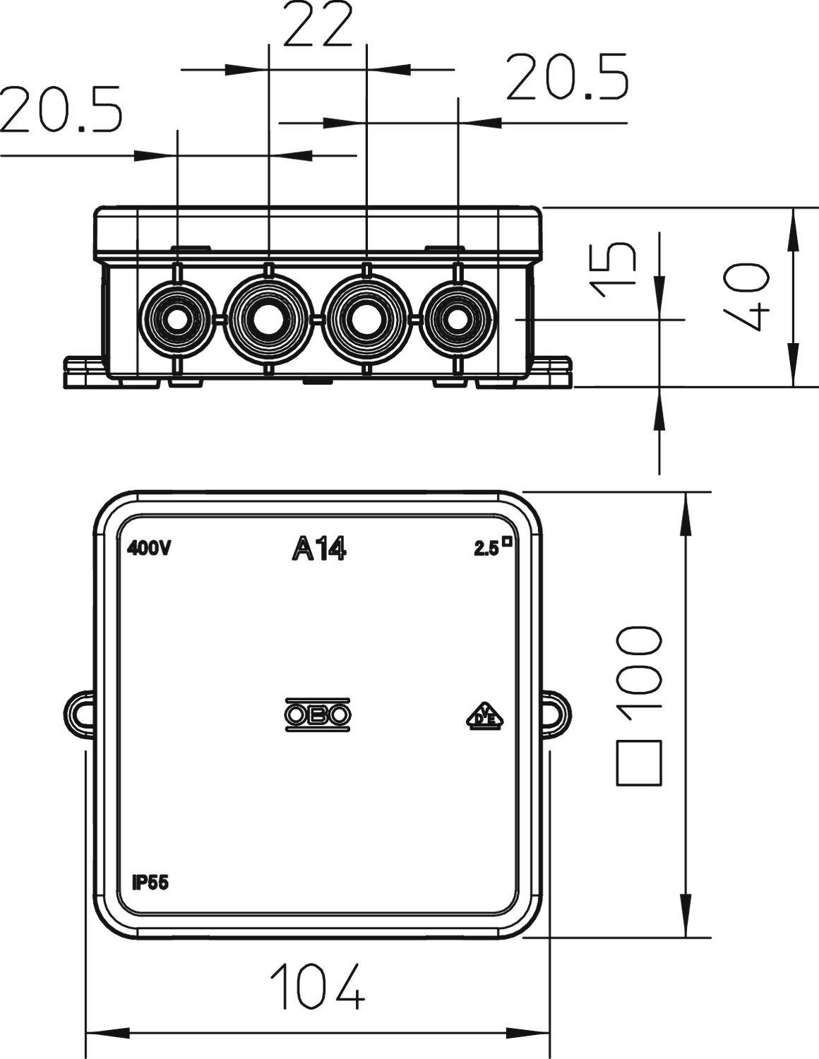 Technical drawing of an electrical junction box, square, with four cable openings. Dimensions: 104x100 mm, IP55. Connection values 400V, A14, 2.5D.