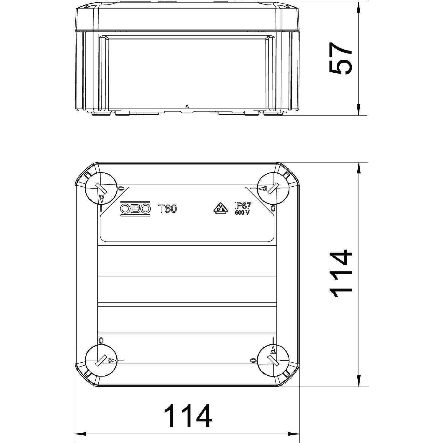 Dimensions of a rectangular enclosure: 114 mm width, 114 mm length, 57 mm height. Specifications: T80, IP67, 500 V.