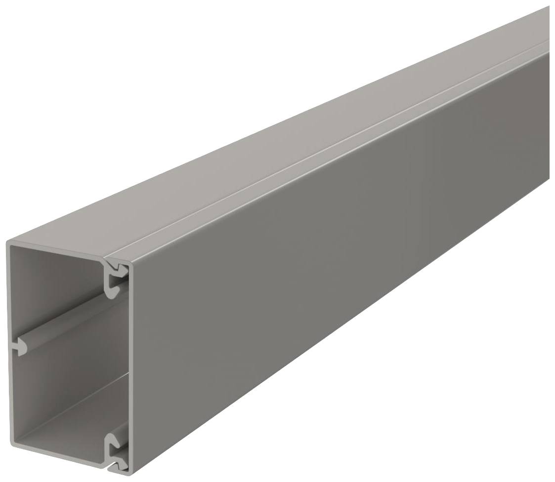 Rectangular plastic trunking in grey, with a side opening for cable management, shown in a left-side perspective view.